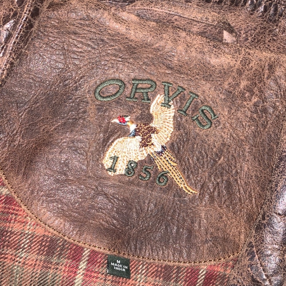 Orvis Brown Leather Pea Coat with Plaid Lining - Picture 4 of 8